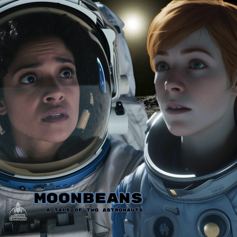 A poster for the short film "Moonbeans: A Tale of Two Astronauts" with a woman and girl astronaut. 
